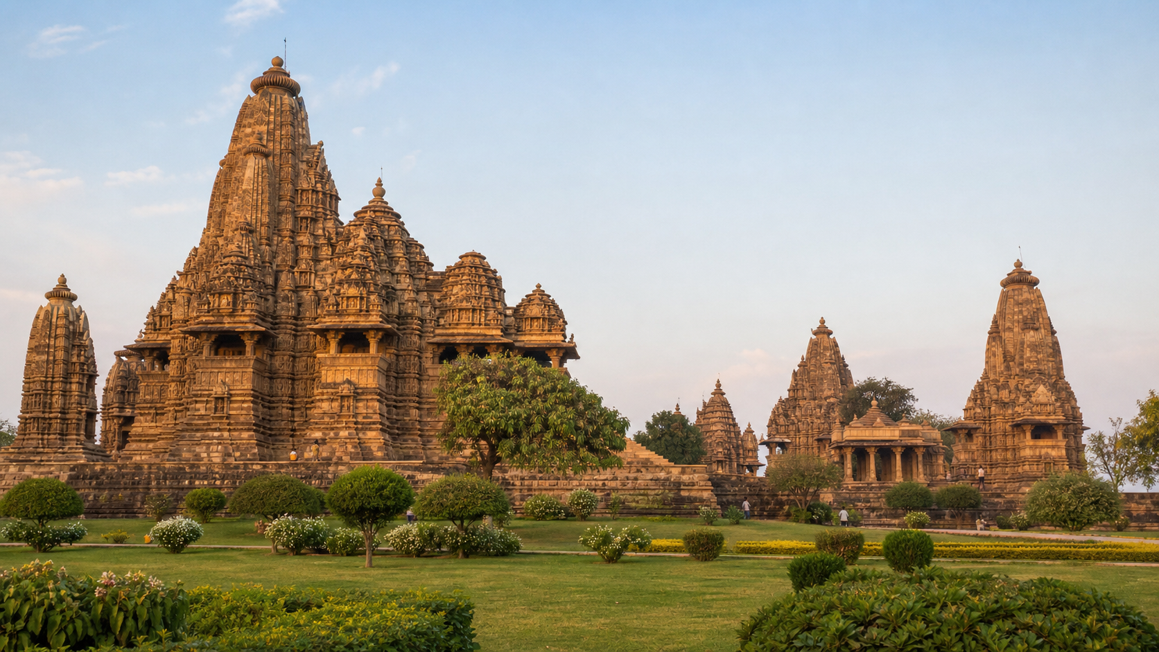 Historic sandstone temples and gardens at Khajuraho