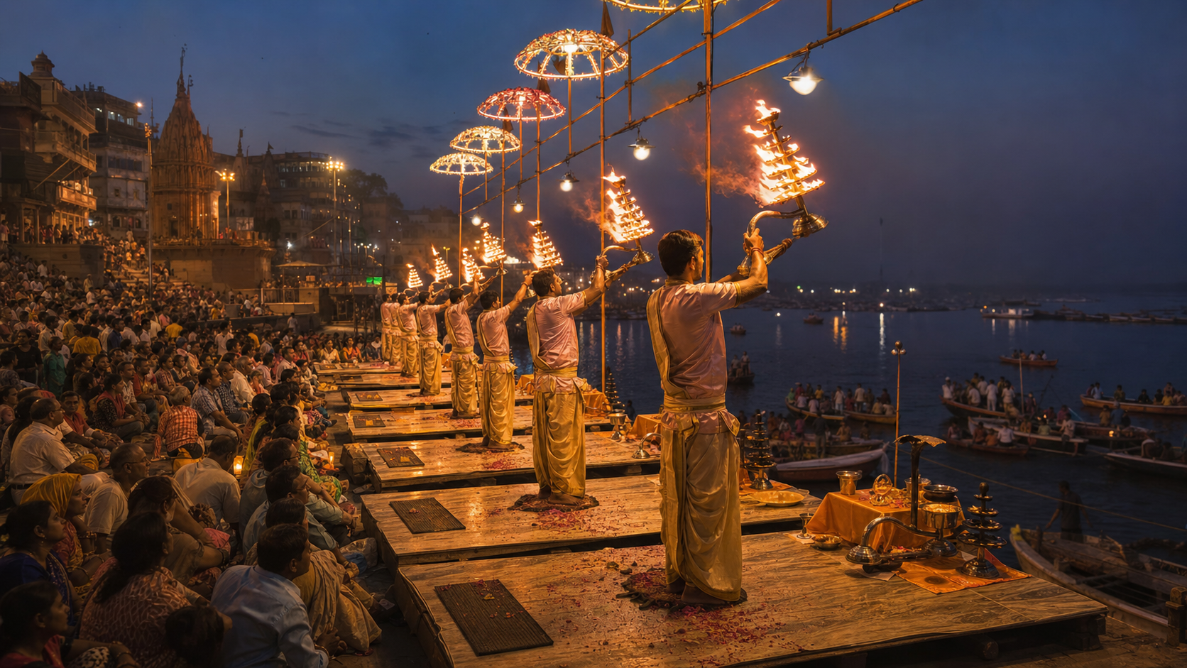 Evening Ganga Aarti ceremony beside the river in Varanasi
